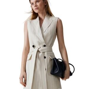 H&M Linen Blend Jacket Dress Belted Light Beige Pinstripe Size Large NWT Preppy